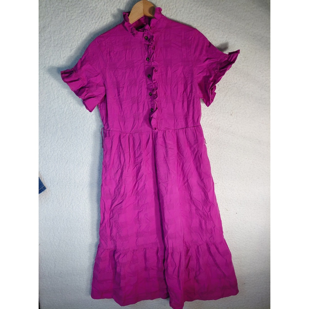 Magenta Ruffle Trim Button Front Tiered Midi Dress Short Flutter Sleeve Pink